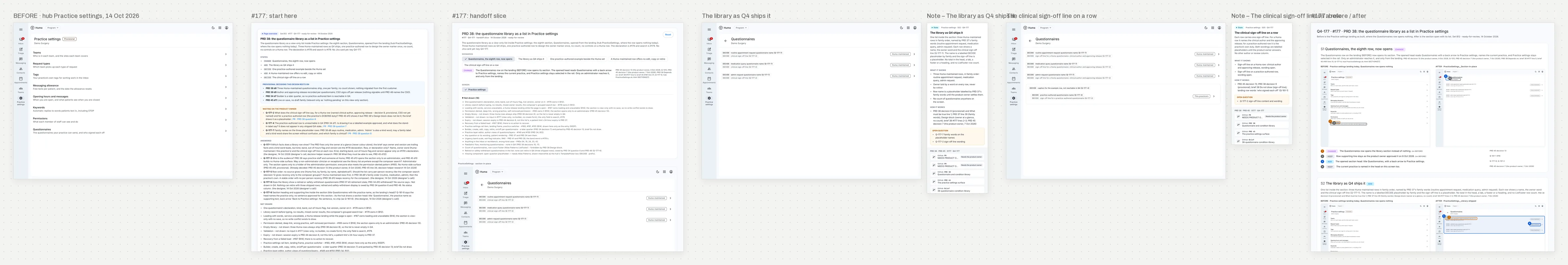 One story’s workspace canvas: the frozen BEFORE, the cover, the handoff slice, two states with their notes and the before/after sheet