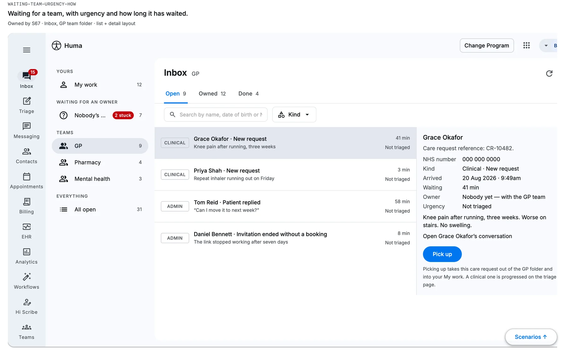 A Q3 handoff slice: the staff inbox with a care request open, rendered from the story’s standalone file